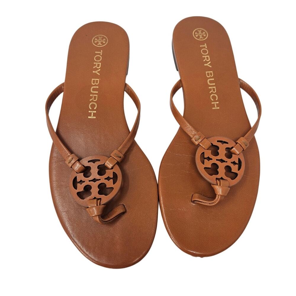 Tory Burch 7 Miller Knotted Thong Sandal brown Leather Logo Medallion Flip Flop